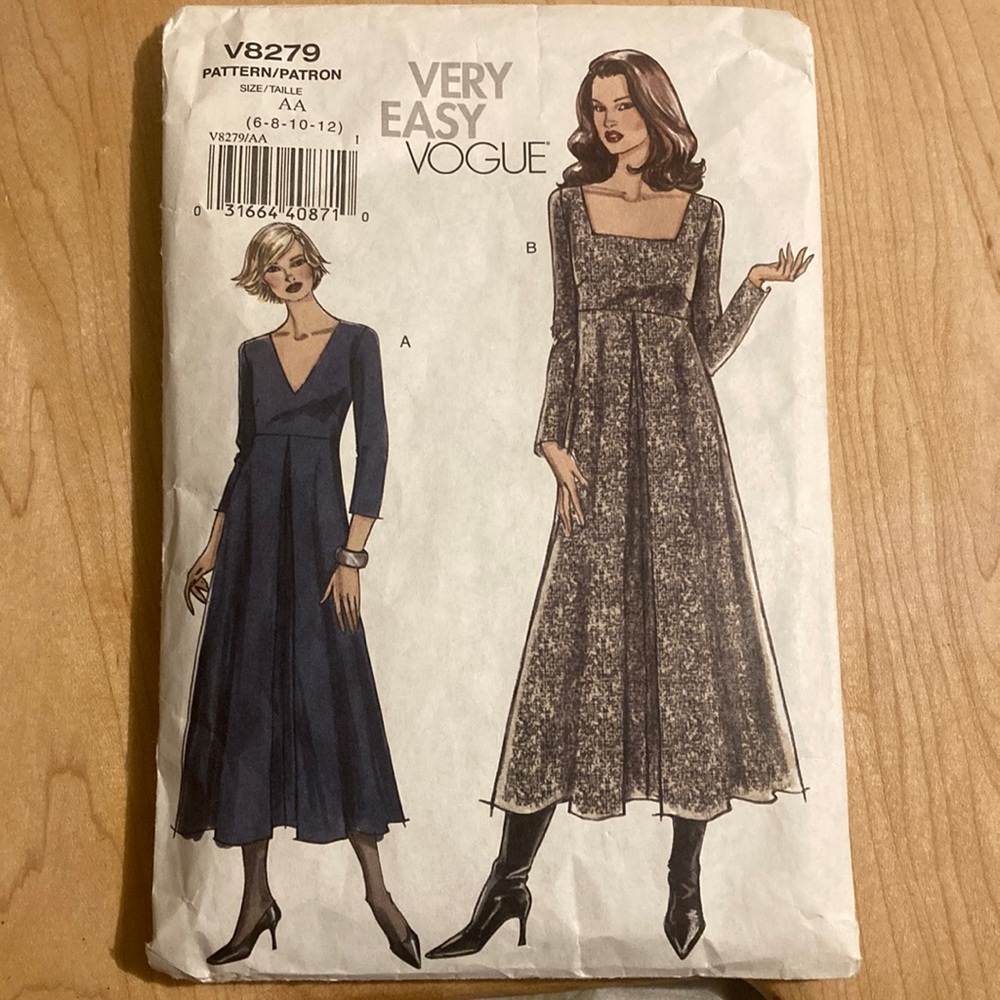 Vogue dress patterns, sizes 6-8-10-12. Square and v-neck option.